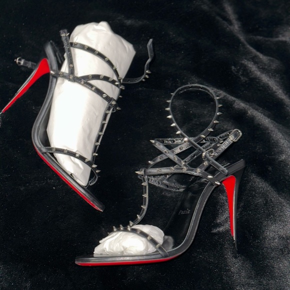Christian Louboutin Shoes - Christian Louboutin Black Studded Strappy Stiletto Sandals with Red Soles